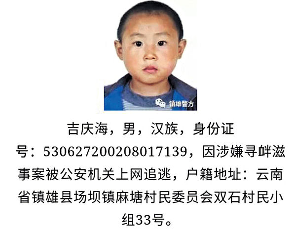 通緝令用童年照 雲南警方捱轟