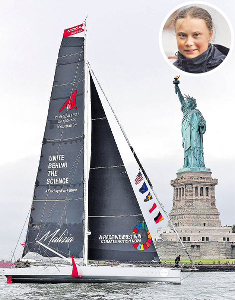 瑞典「環保少女」 乘帆船抵美出席氣候峰會