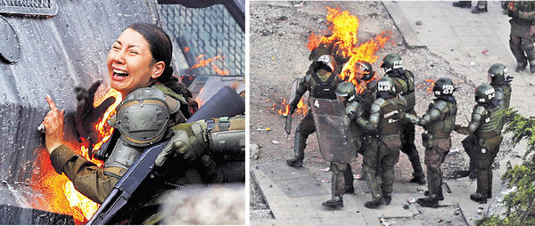 智利示威未息 女警中汽油彈成「火人」