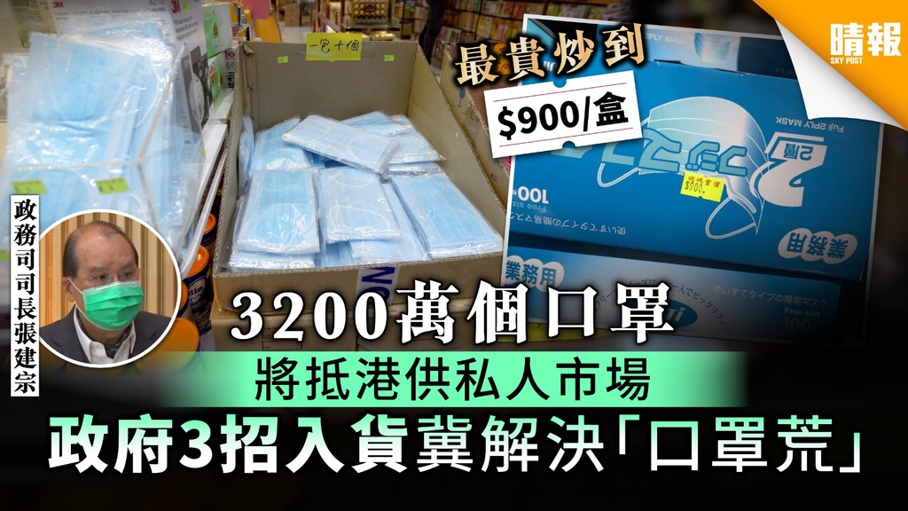 【買口罩】3,200萬個口罩將抵港供私人市場 政府3招入貨冀解決「口罩荒」