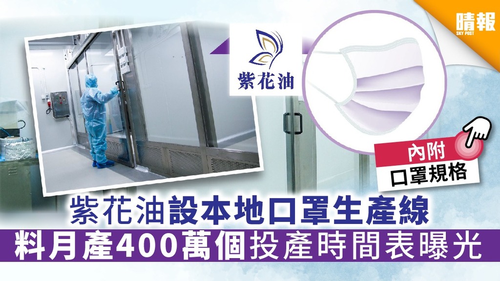 【港產口罩】紫花油宣布設本地口罩生產線 料月產400萬個投產時間表曝光