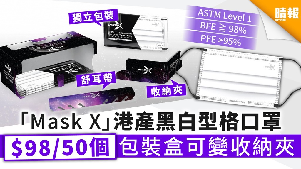 【買口罩】「Mask X」港產黑白配搭口罩 $98/50個 包裝盒可變收納夾
