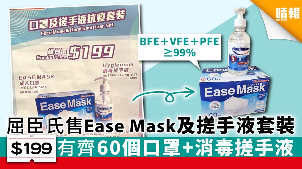 【買口罩】屈臣氏售Ease Mask及搓手液套裝 $199有齊60個口罩+消毒搓手液