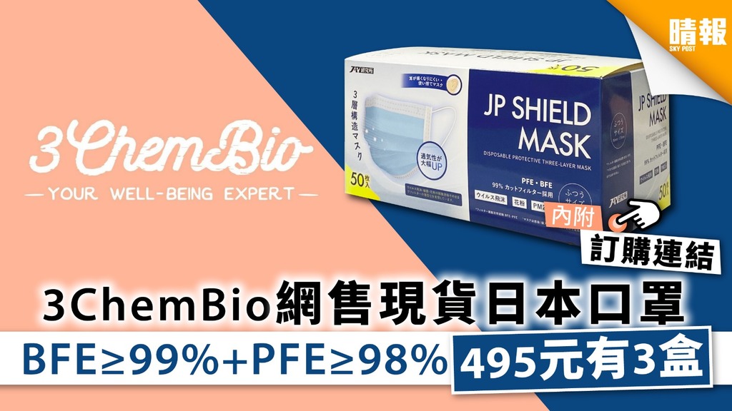 【買口罩】3ChemBio網售現貨日本口罩 BFE≥99%+PFE≥98% 495元有3盒 