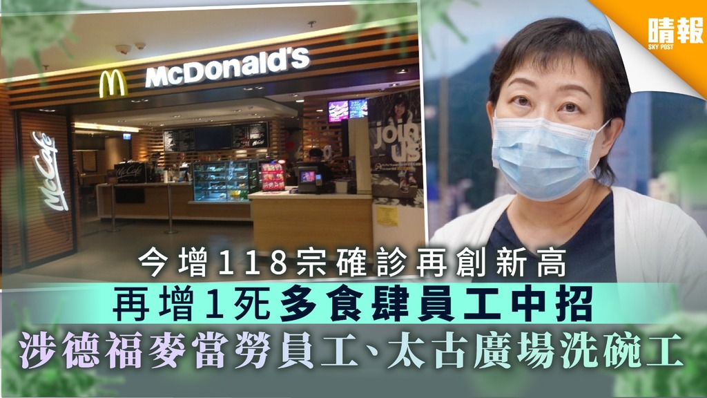 【新冠肺炎】今增118宗確診再創新高 再增1死多食肆員工中招 涉德福麥當勞炸雞員工、太古廣場洗碗工