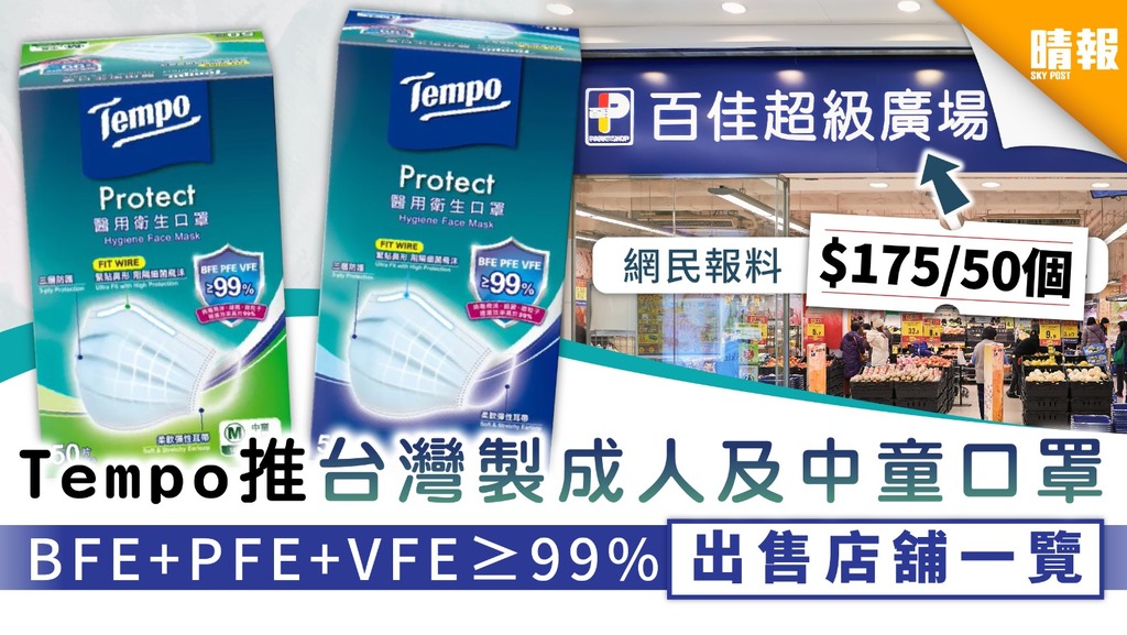 【Tempo口罩】Tempo推台灣製成人及中童口罩 BFE+PFE+VFE≥99%出售店舖一覽