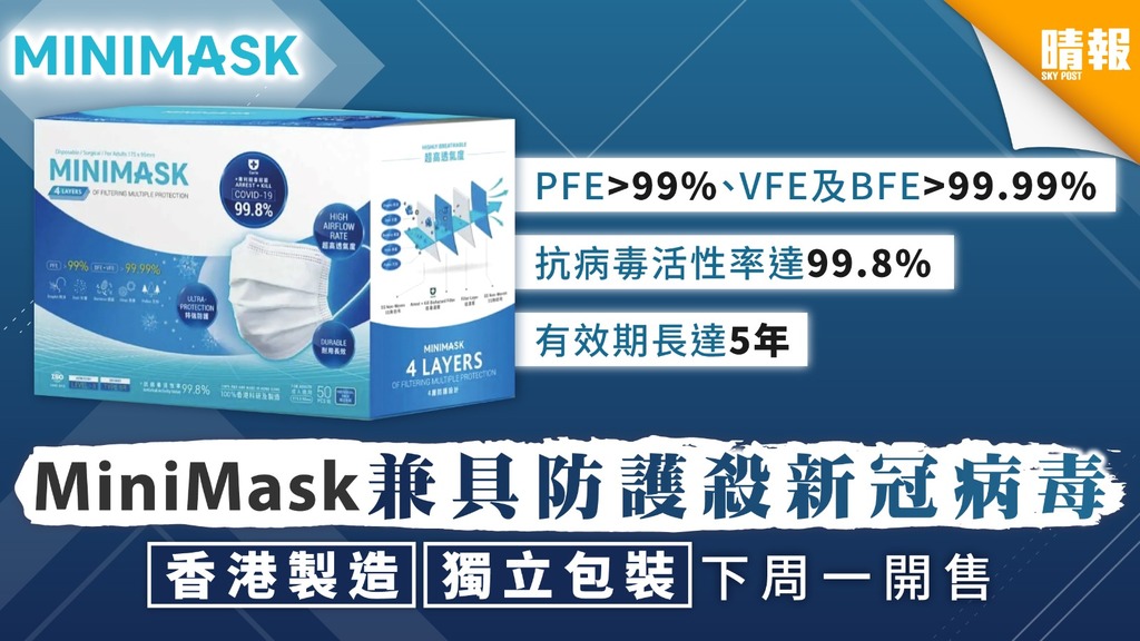 【買口罩】MiniMask兼具防護殺滅新冠病毒 香港製造獨立包裝下周一開售