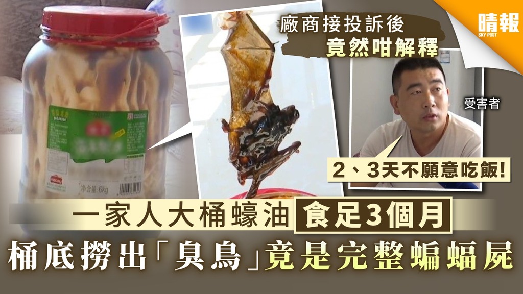 【食用安全】一家人大桶蠔油食足3個月 桶底撈出「臭鳥」竟是完整蝙蝠屍