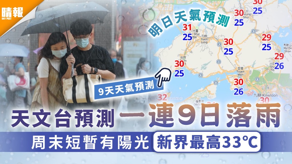 天氣預報｜天文台預測一連9日落雨 周末短暫有陽光新界最高33℃