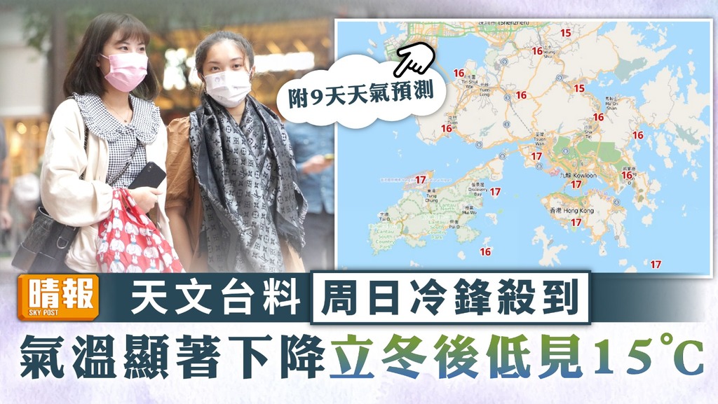 天氣預測︳天文台料周日冷鋒殺到 氣溫顯著下降立冬後低見15°C