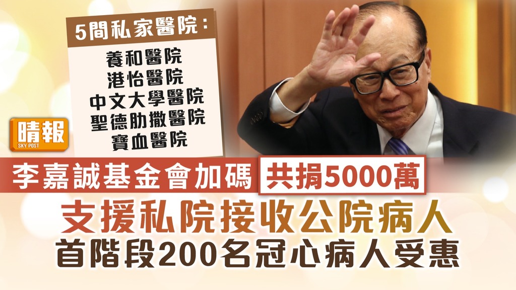 支援公院 ︳李嘉誠基金會加碼共捐5000萬 支援私院接收公院病人 首階段200名冠心病人受惠