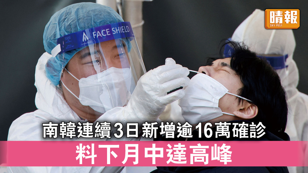 新冠肺炎｜南韓連續3日新增逾16萬確診 料下月中達高峰