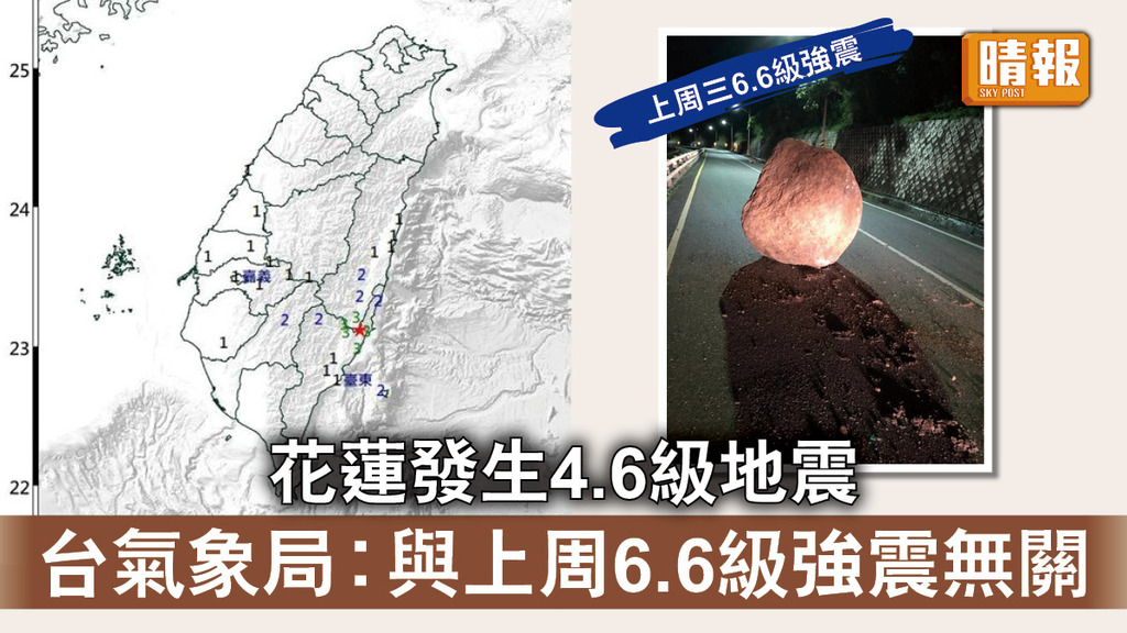 台灣地震｜花蓮發生4.6級地震 台氣象局︰與上周6.6級強震無關