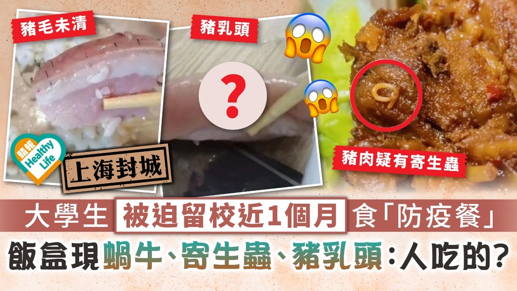 新冠肺炎·上海封城︳大學生被迫留校近1個月食「防疫餐」 飯盒驚現蝸牛、寄生蟲、豬乳頭：人吃的？