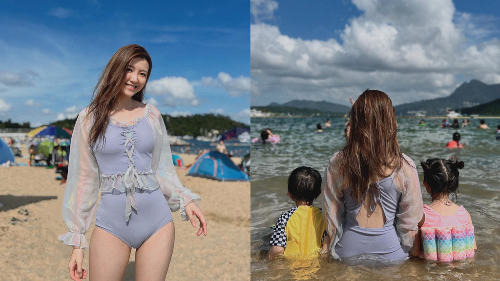吳若希帶一對仔女到沙灘嬉水 被網民狠批似着「阿婆泳衣」