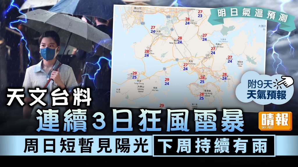 天氣預報 ︳天文台料連續3日狂風雷暴 周日短暫見陽光下周持續有雨
