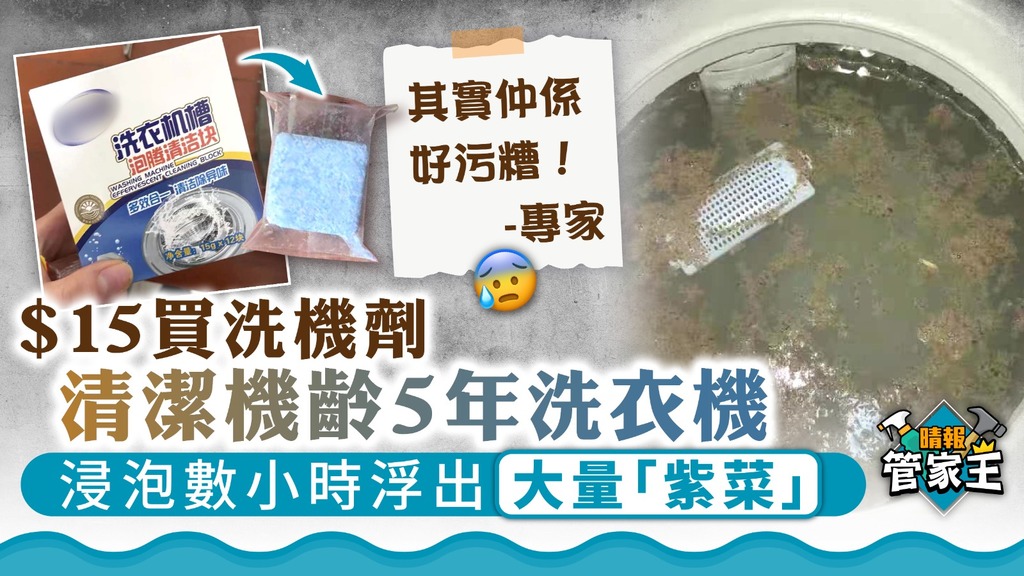 管家王 ︳$15買洗機劑 清潔機齡5年洗衣機 浸泡數小時浮出大量「紫菜」【專家拆解有效程度】