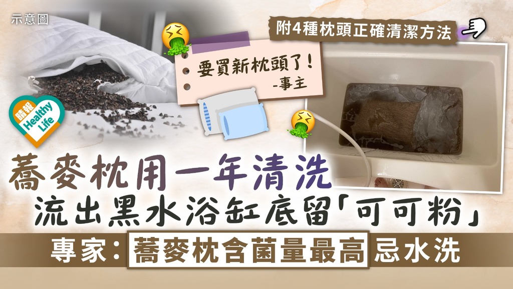 洗枕頭︳蕎麥枕用一年清洗 流出黑水浴缸底留「可可粉」 專家：蕎麥枕含菌量最高忌水洗︳附正確清潔枕頭方法