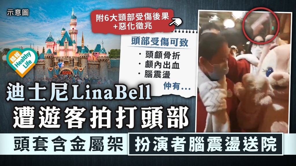 無品遊客︳迪士尼LinaBell遭遊客拍打頭部 頭套含金屬架 扮演者腦震盪送院︳附6大頭部受傷後果