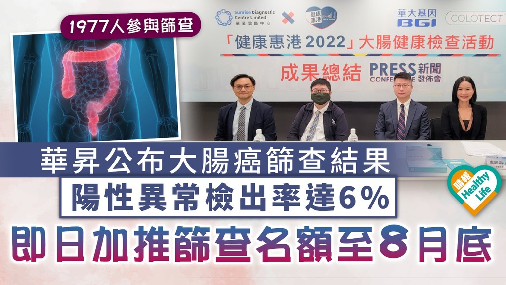 大腸篩查｜華昇公布大腸癌篩查結果 陽性異常檢出率達6% 即日加推篩查名額至8月底