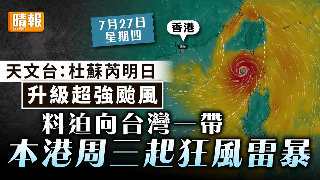 天文台｜杜蘇芮明日升級超強颱風 料迫向台灣一帶 本港周三起狂風雷暴