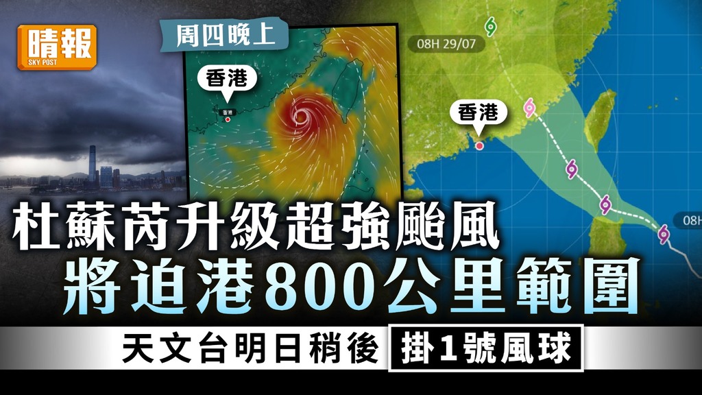天氣預報｜杜蘇芮升級超強颱風將迫港800公里範圍 天文台明日稍後掛1號風球