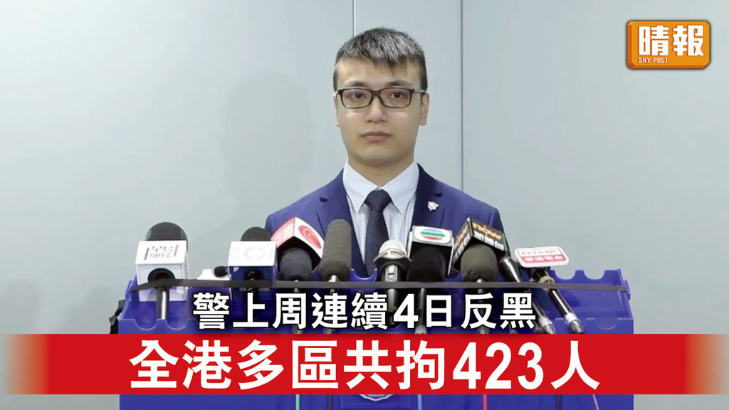香港治安｜警上周連續4日反黑 全港多區共拘423人