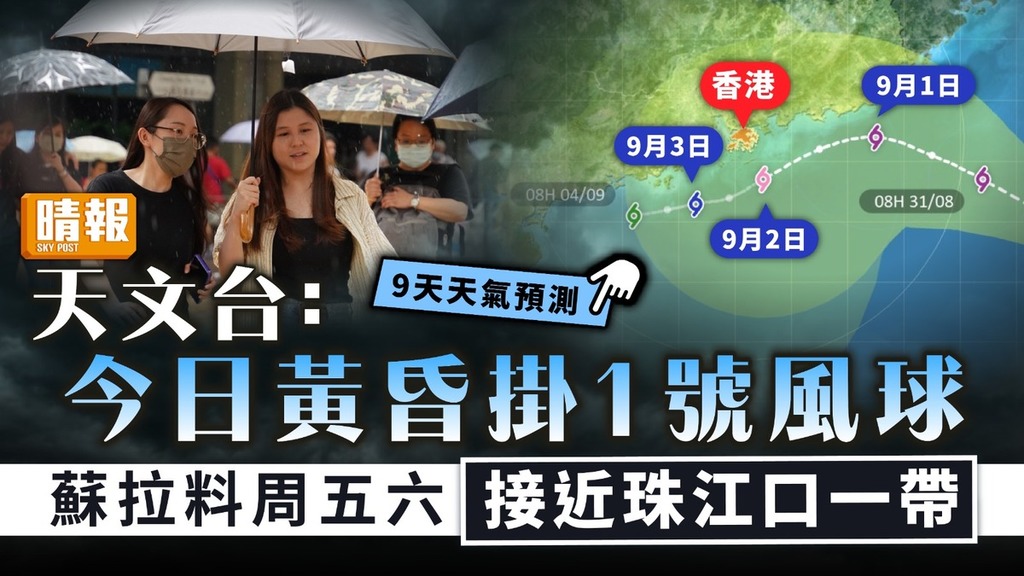 颱風蘇拉｜天文台：今黃昏掛1號風球 蘇拉料周五六接近香港帶來狂風驟雨