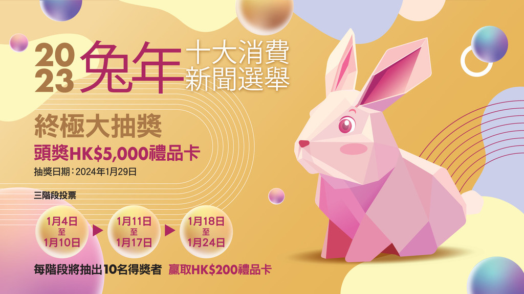 消委會「兔年十大消費新聞」選舉大抽獎 幸運兒有機會贏得頭獎HK$5,000禮品卡