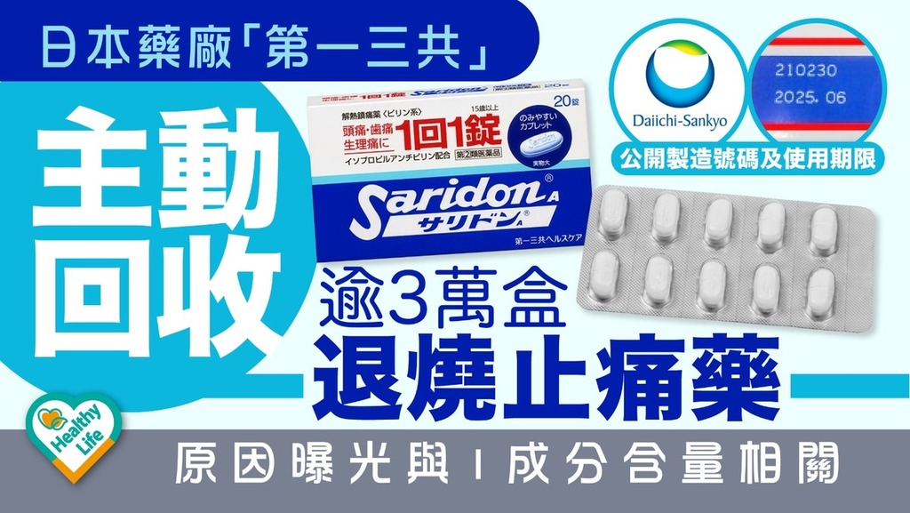 藥物回收｜日本1款熱賣退燒止痛藥回收逾3萬盒 原因曝光與1成分含量相關