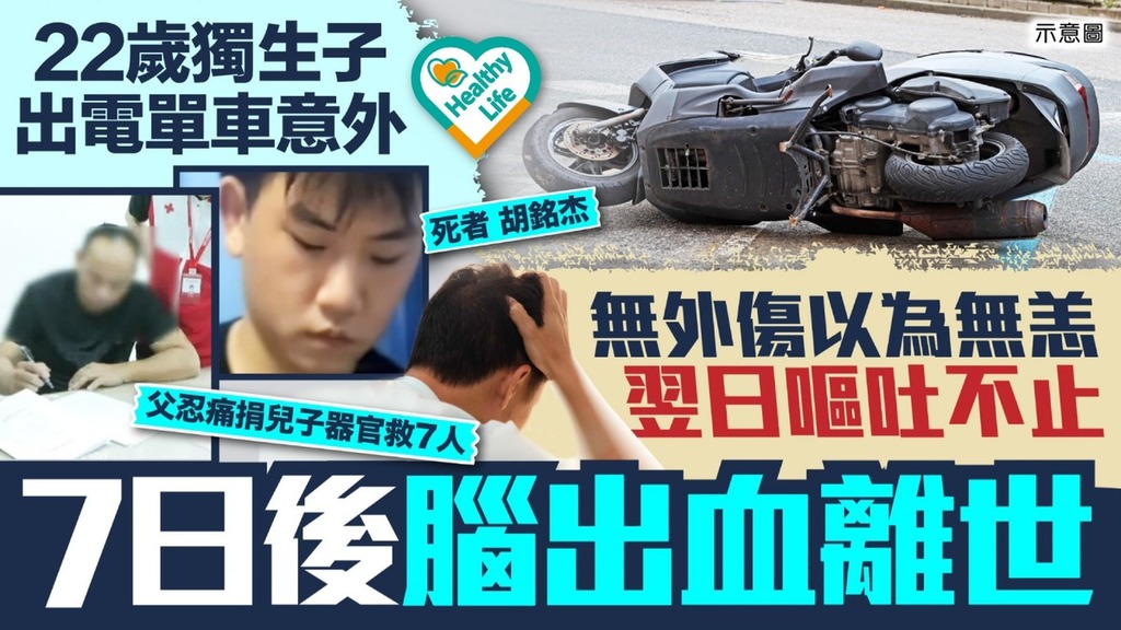 遺愛人間丨22歲獨生子電單車意外無外傷以為無恙 翌日嘔吐不止7日後腦出血離世