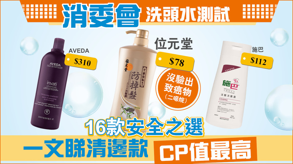 消委會洗頭水︱消委會檢測60款洗頭水7成含致敏物可致皮膚炎 16款安全之選 沒驗出有害物質 睇清邊款CP值最高