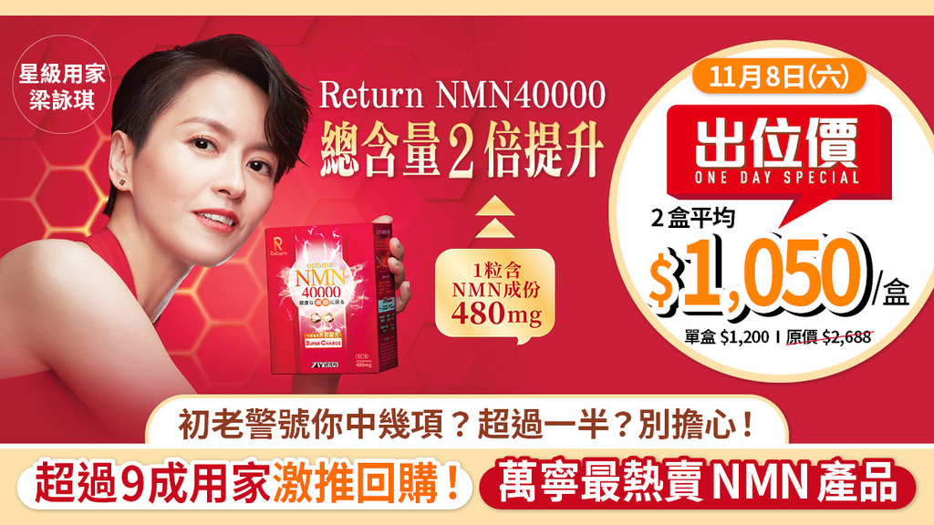 超前部署入手「Return OPTIMA NMN 40000」！NMN總含量2倍勁量提升 萬寧出位價低至$1,050/盒