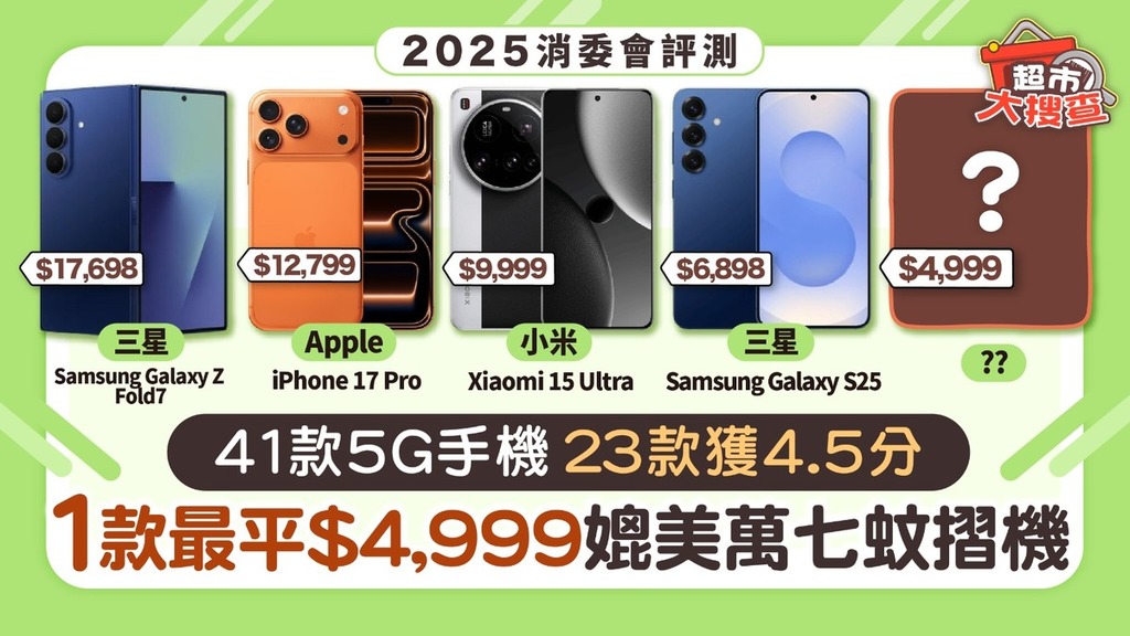2025消委會手機評測｜41款5G手機23款獲4.5分 1款最平$4,999媲美萬七蚊摺機
